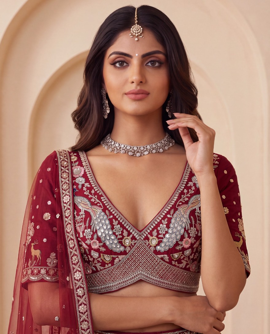 3074 - Maroon Bridal Cutdana-Work Embroidered Ethinc Motif Semi-Stitched Lehenga Choli